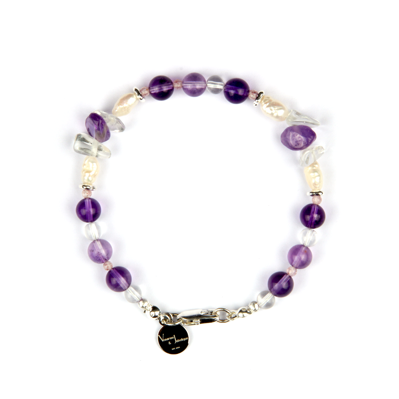 Elegant bracelet with freshwater pearls, 925 silver threaded cat’s eye beads, raw-shaped silver beads, opal, amethyst, and clear quartz