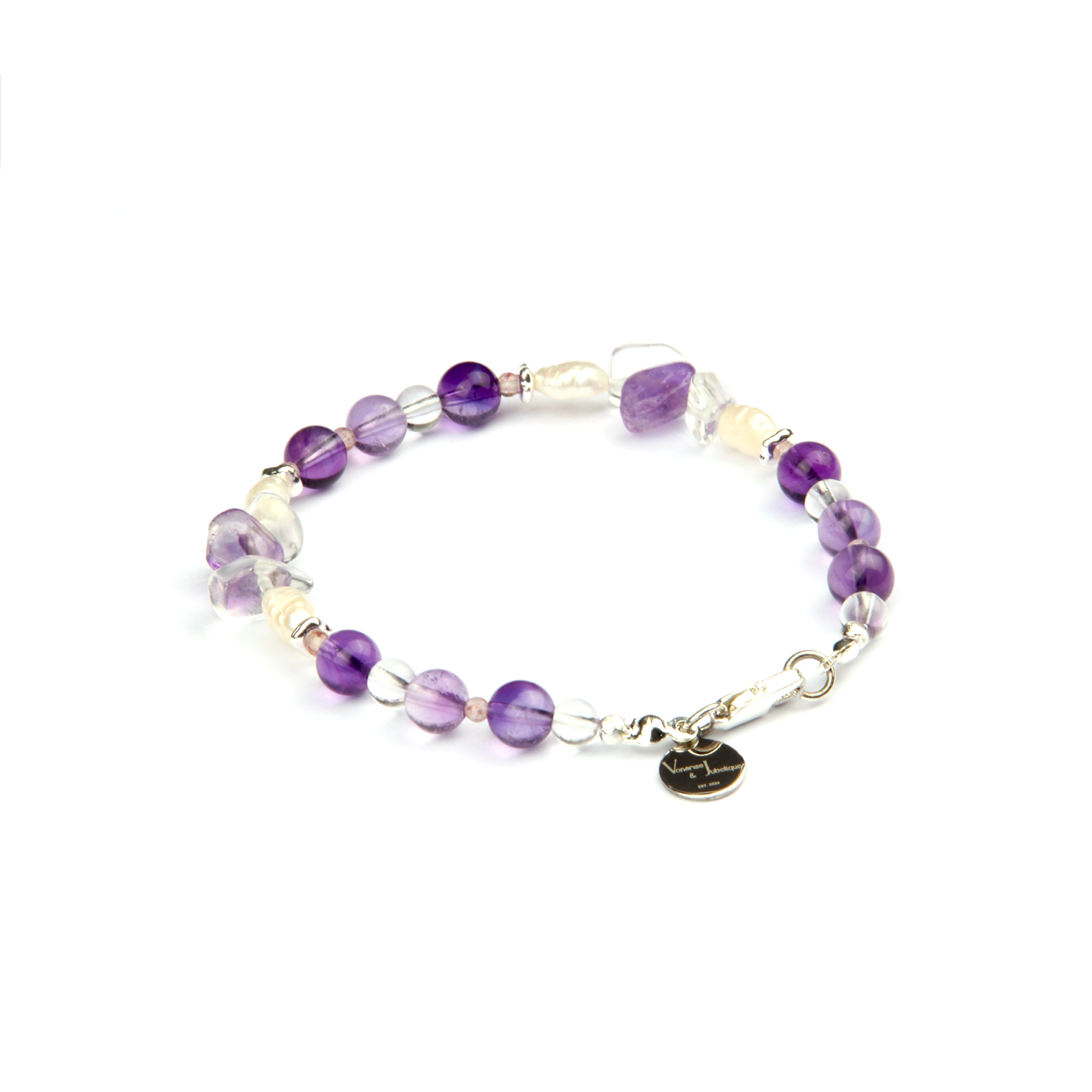 Elegant bracelet with freshwater pearls, 925 silver threaded cat’s eye beads, raw-shaped silver beads, opal, amethyst, and clear quartz