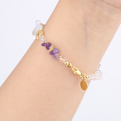 Elegant crystal bracelet featuring amethyst, raw-shaped citrine, opal, freshwater pearl, 18K gold raw beads, and clear quartz