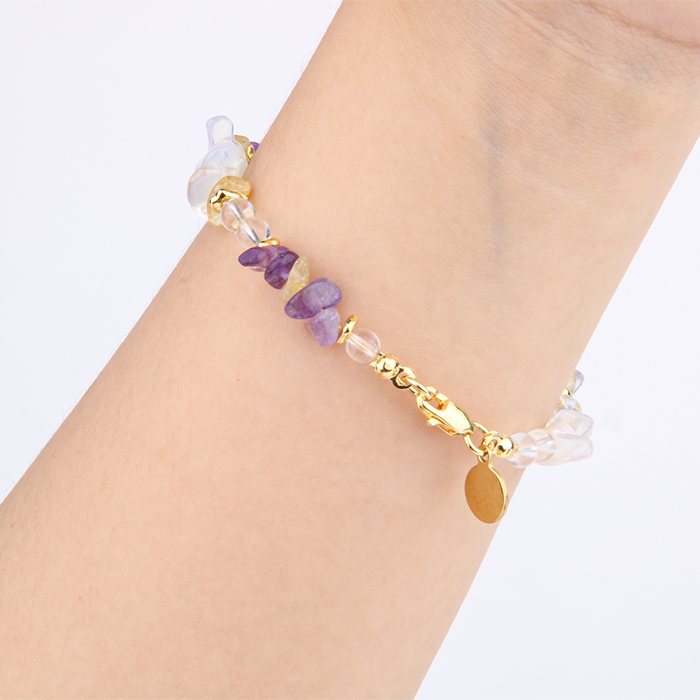 Elegant crystal bracelet featuring amethyst, raw-shaped citrine, opal, freshwater pearl, 18K gold raw beads, and clear quartz
