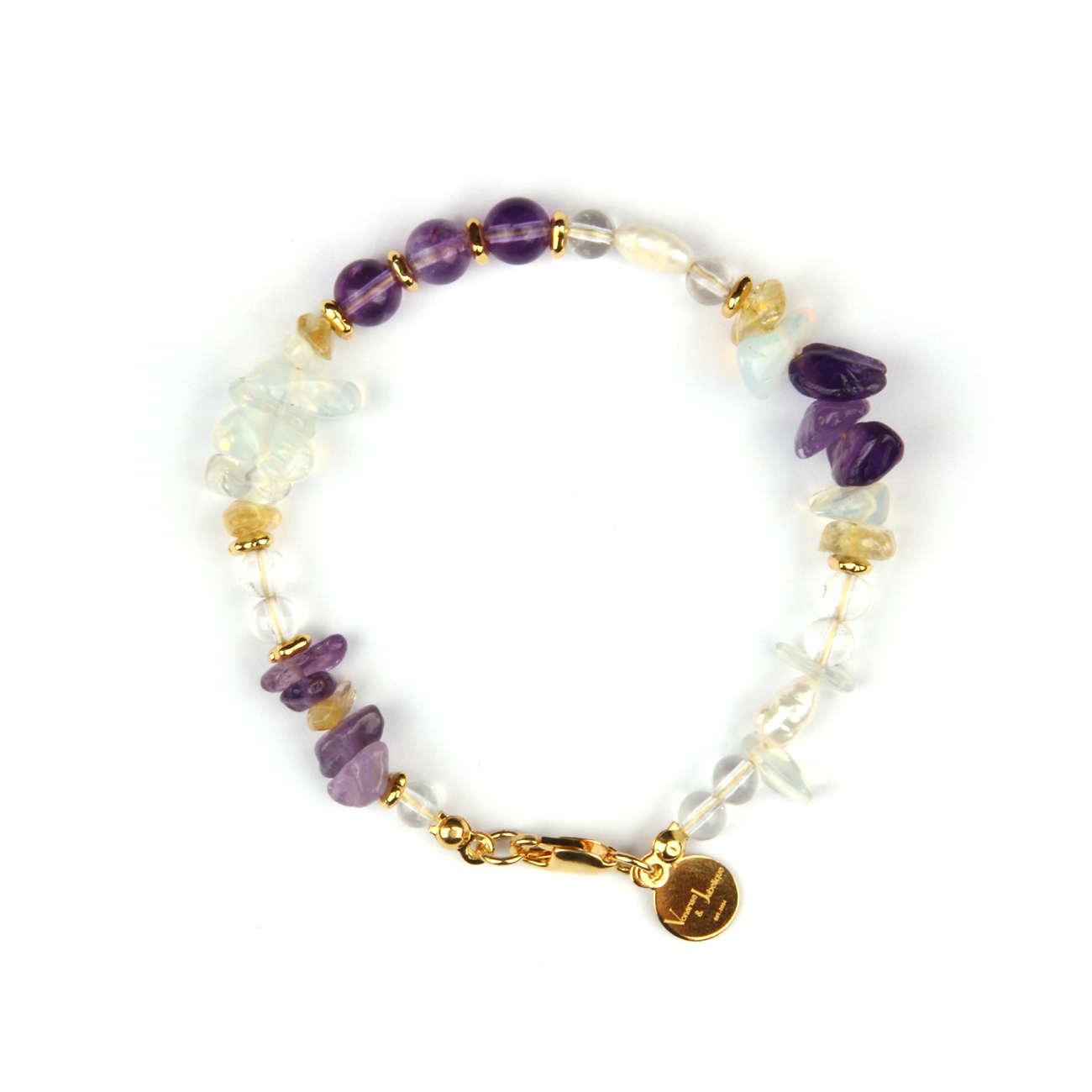 Elegant crystal bracelet featuring amethyst, raw-shaped citrine, opal, freshwater pearl, 18K gold raw beads, and clear quartz

