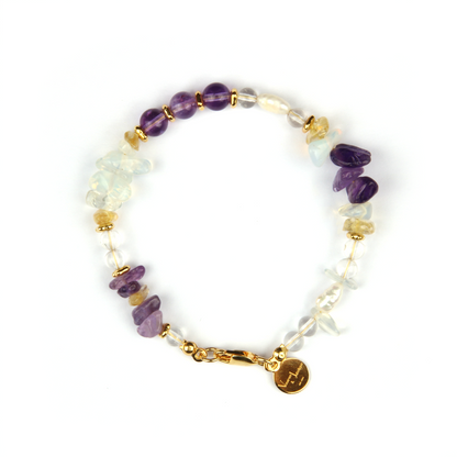 Elegant crystal bracelet featuring amethyst, raw-shaped citrine, opal, freshwater pearl, 18K gold raw beads, and clear quartz

