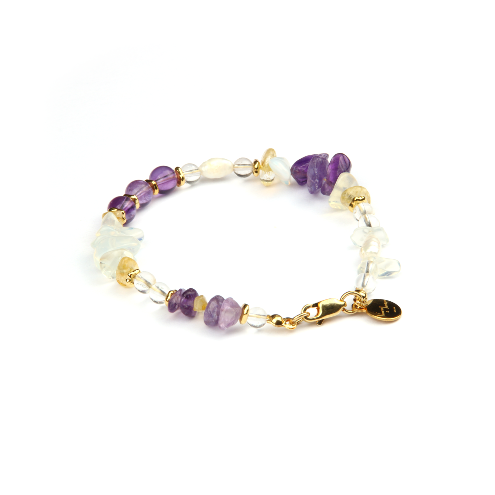 Elegant crystal bracelet featuring amethyst, raw-shaped citrine, opal, freshwater pearl, 18K gold raw beads, and clear quartz