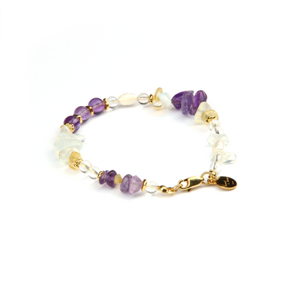 Elegant crystal bracelet featuring amethyst, raw-shaped citrine, opal, freshwater pearl, 18K gold raw beads, and clear quartz