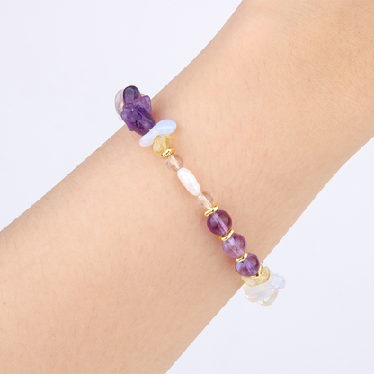 Elegant crystal bracelet featuring amethyst, raw-shaped citrine, opal, freshwater pearl, 18K gold raw beads, and clear quartz