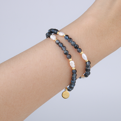 aquamarine with fresh water pearl and 18k gold cat eye threaded bead dual layered bracelet for women gift for best friend