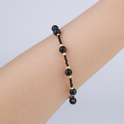 black agate with blue tiger eye and 18k gold threaded bead bracelet for women gift for best friend