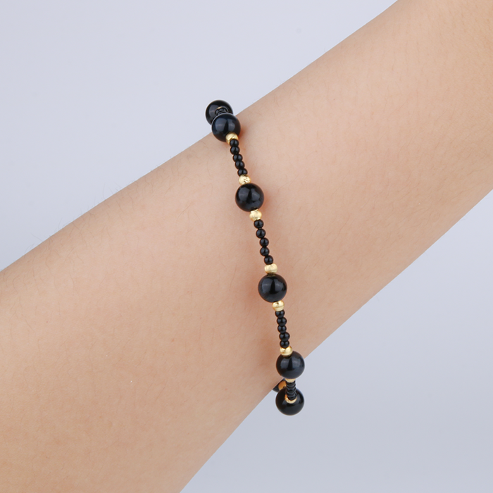 black agate with blue tiger eye and 18k gold threaded bead bracelet for women gift for best friend