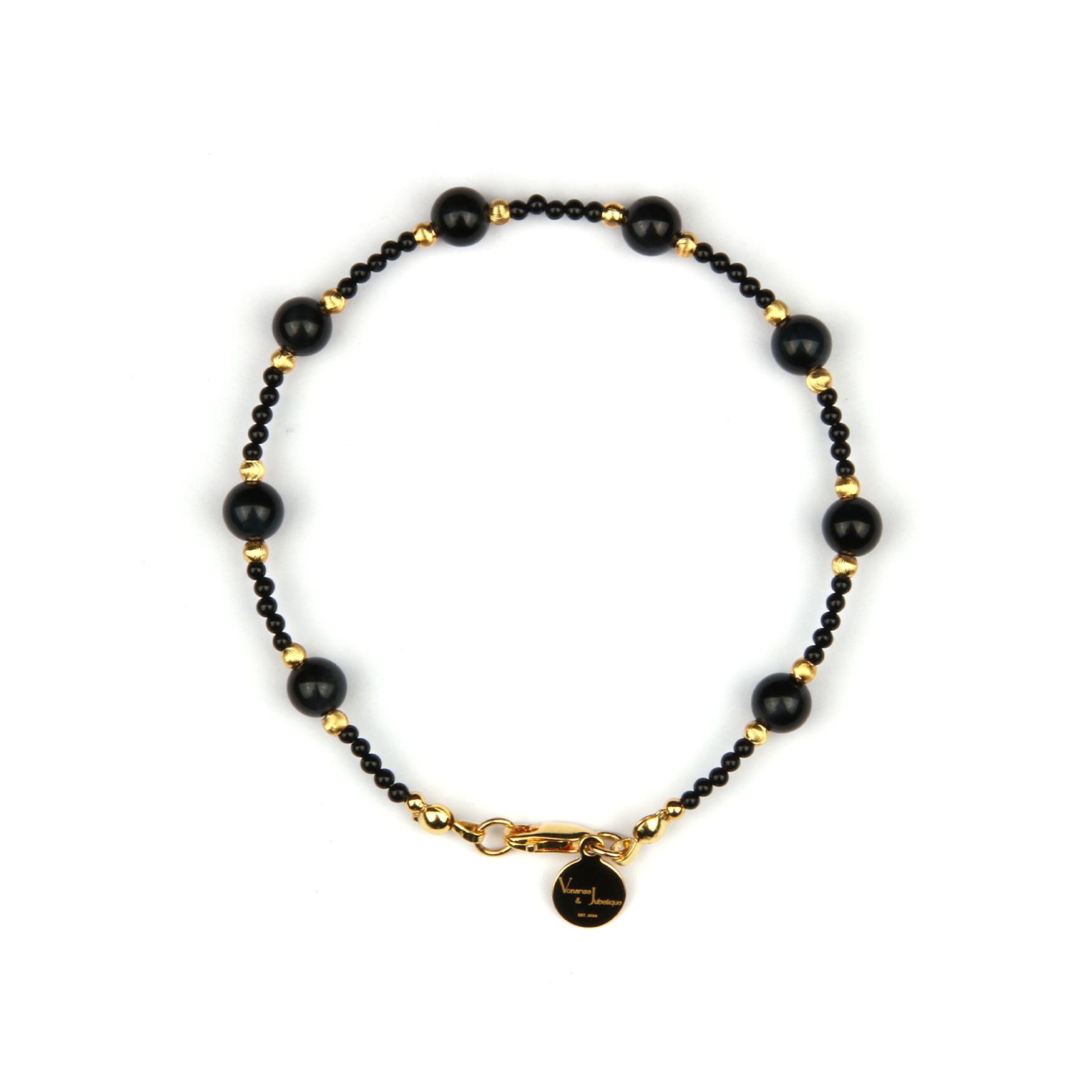 black agate with blue tiger eye and 18k gold threaded bead bracelet for women gift for best friend