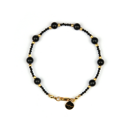 black agate with blue tiger eye and 18k gold threaded bead bracelet for women gift for best friend