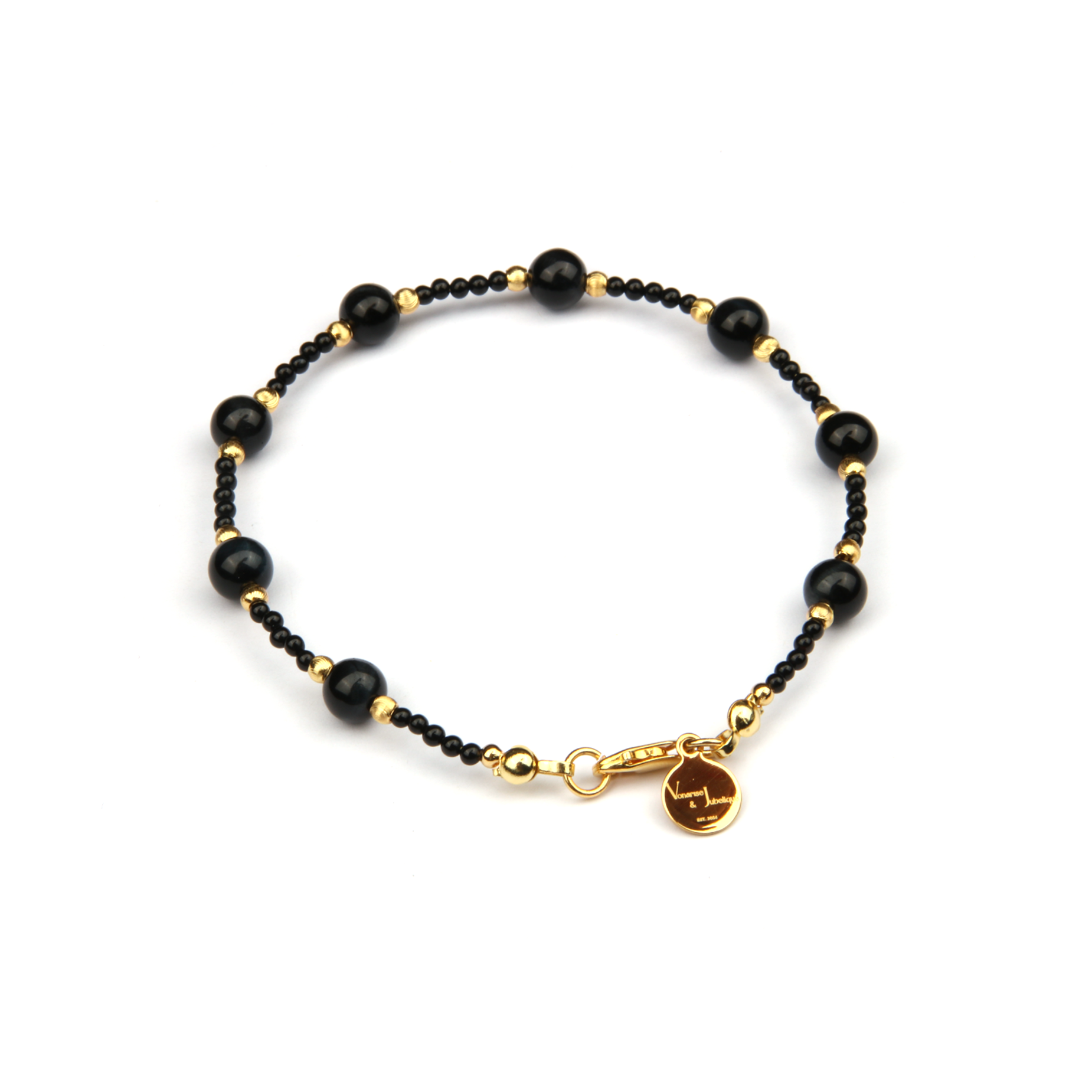 black agate with blue tiger eye and 18k gold threaded bead bracelet for women gift for best friend