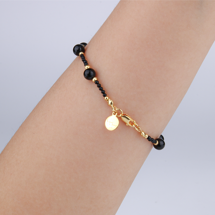 black agate with blue tiger eye and 18k gold threaded bead bracelet for women gift for best friend