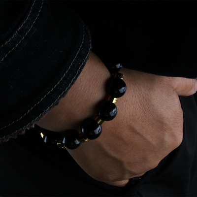 black tourmaline and stainless steel accent bracelet energy protection crystal jewelry