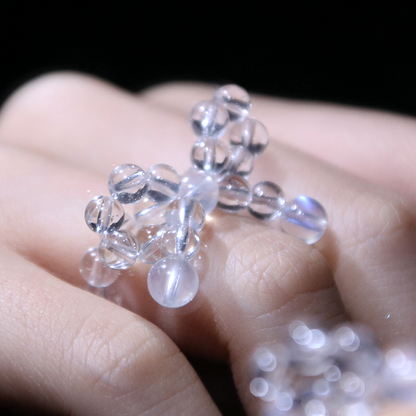 blue moonstone and clear quartz  beaded ring energy protection crystal jewelry