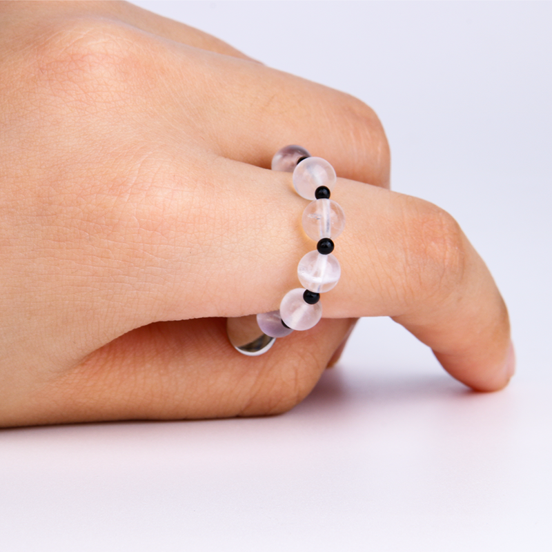 blue moonstone and black agate crystal beaded ring 