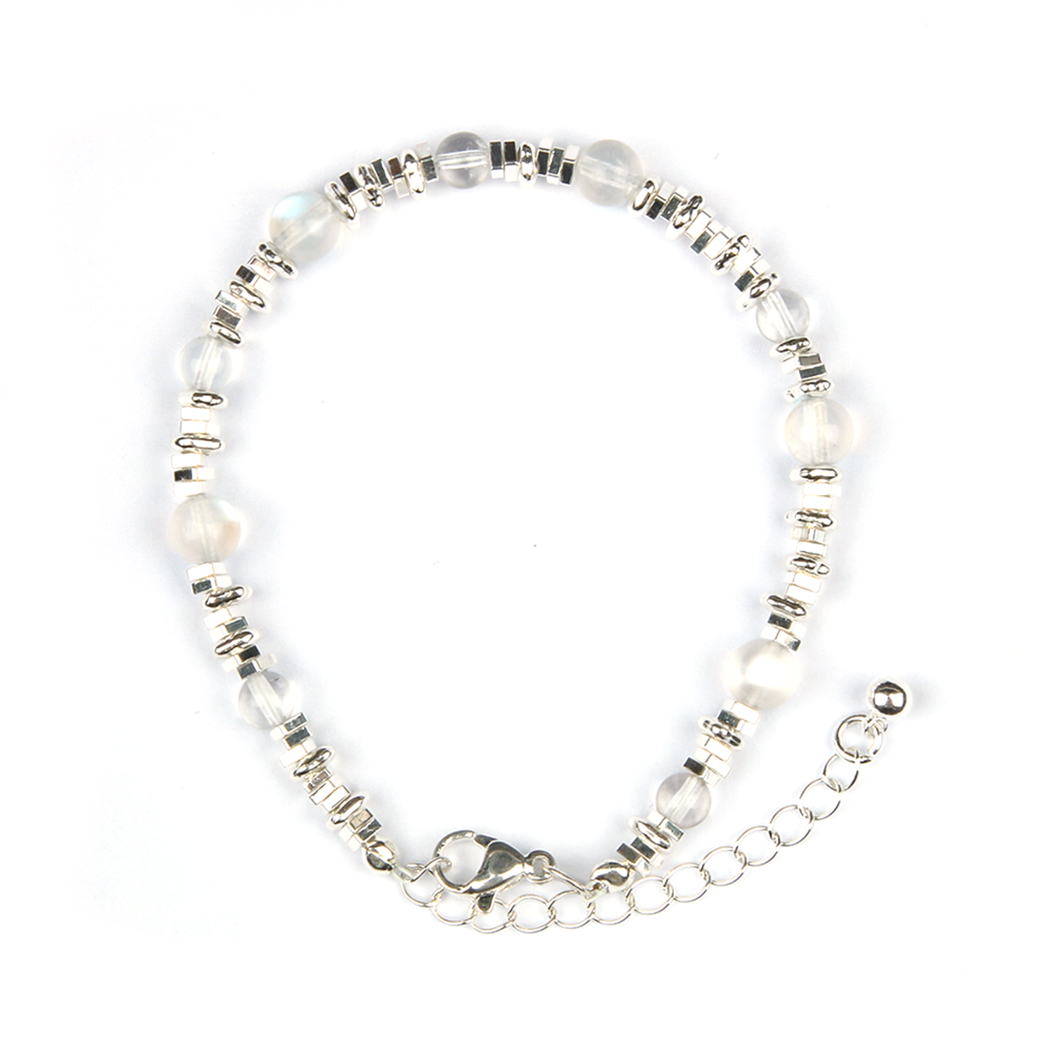 Blue Moonstone with Clear Quartz and S925 Silver Beads Bracelet