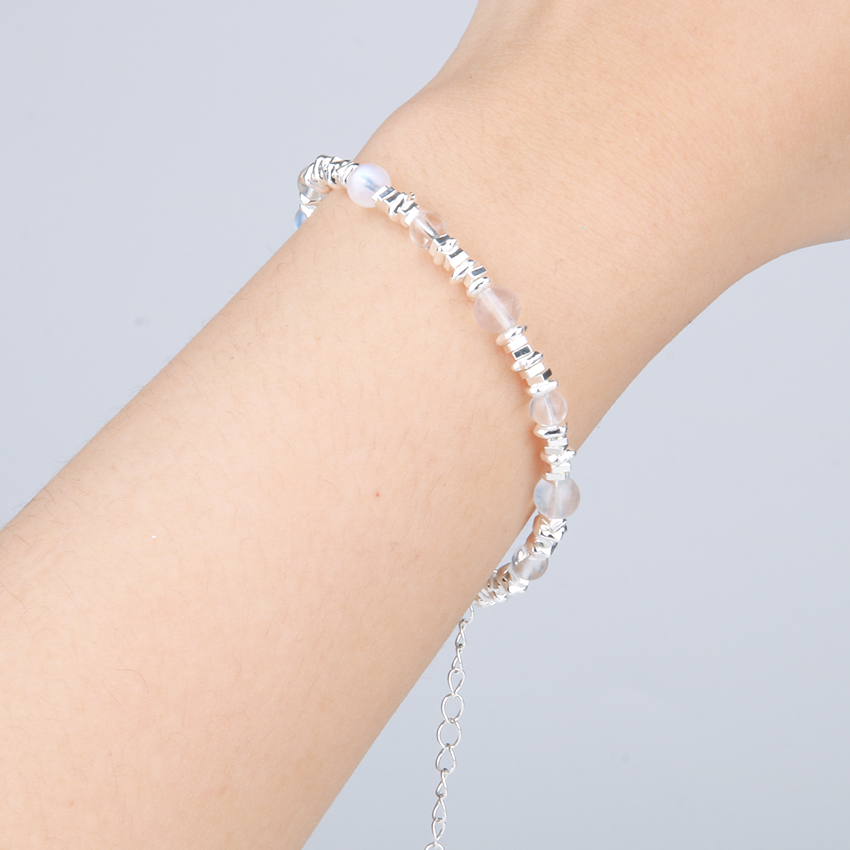 Blue Moonstone with Clear Quartz and S925 Silver Beads Bracelet