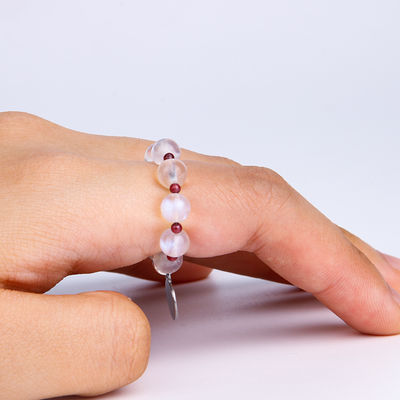 blue moonstone with garnet crystal beaded ring 