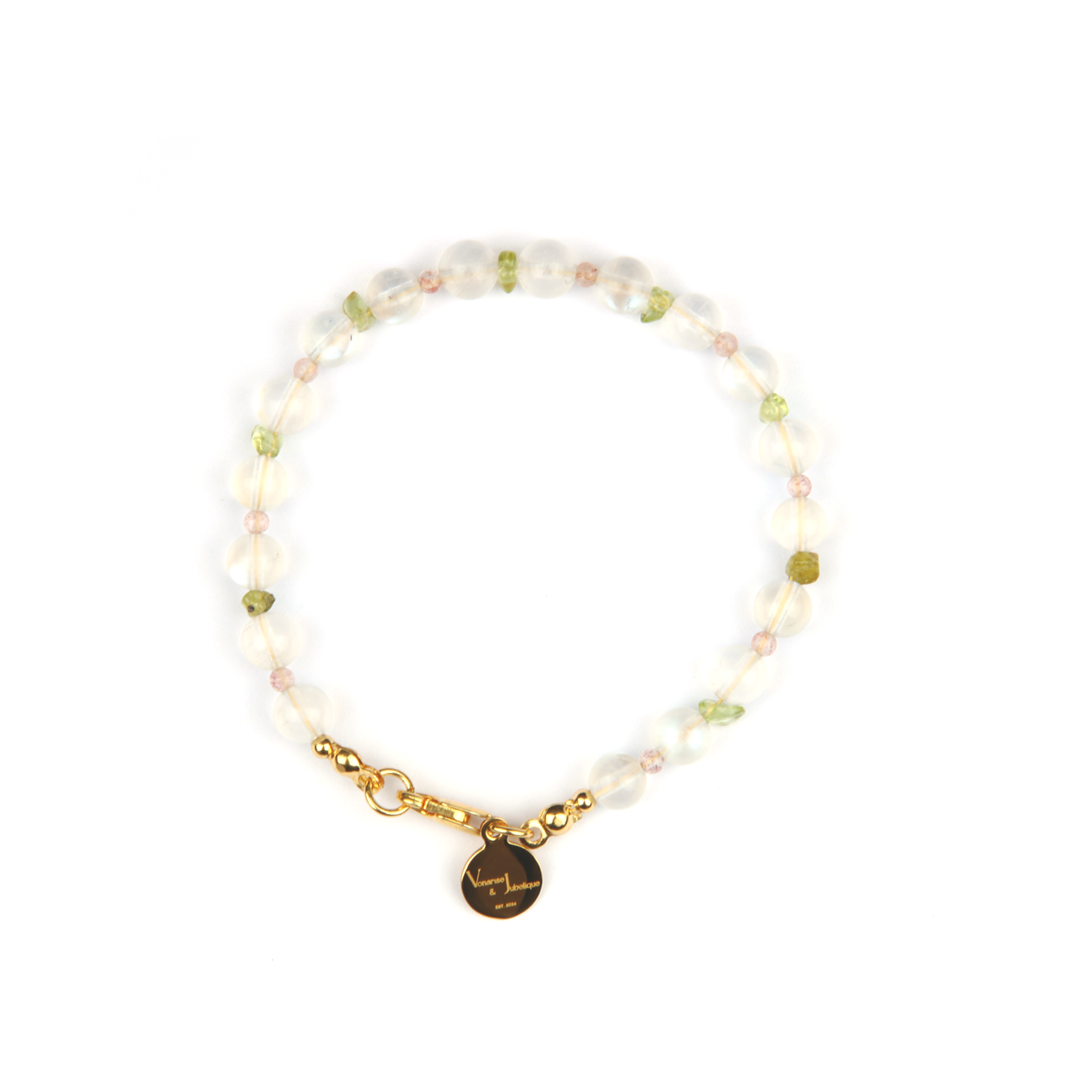 Minimalist bracelet with blue moonstone, round strawberry rose quartz, and raw-shaped peridot