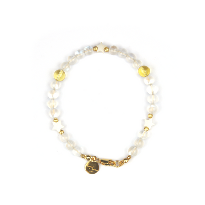 blue moonstone with star shape mother of pearl and citrine and 18k gold threaded cats eye bead bracelet for women gift for girl friend