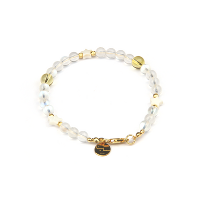 blue moonstone with star shape mother of pearl and citrine and 18k gold threaded cats eye bead bracelet for women gift for girl friend