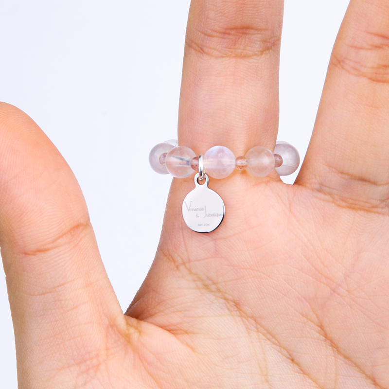 crystal beaded ring with strawberry rose quartz and blue moonstone