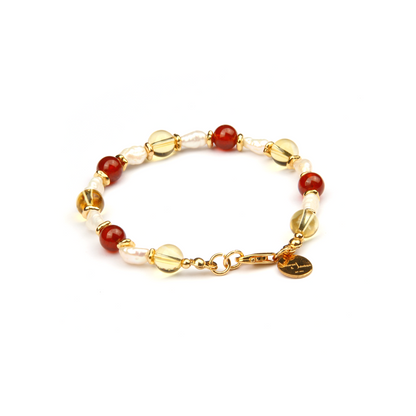 citrine with mandarin garnet and fresh water pearl 18k gold raw shape bead bracelet for women gift for best friend