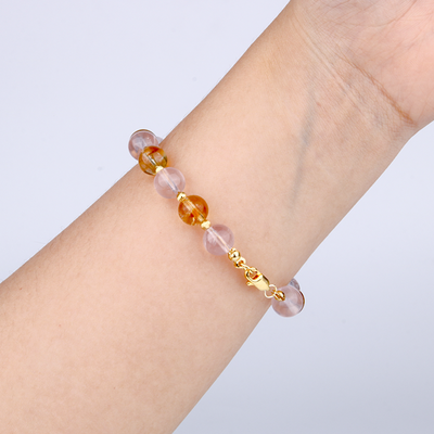 citrine with starlight rose quartz and 18k gold cat_s eye threaded bead bracelet for love and abundance attraction women gift for girl friend