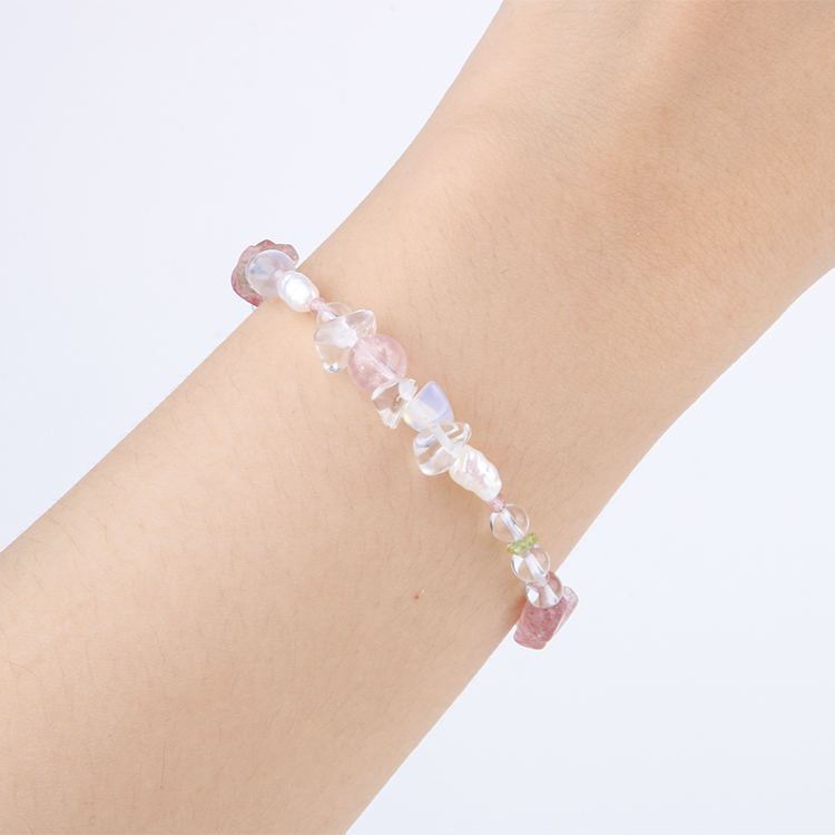 Elegant bracelet with clear quartz, blue moonstone, strawberry rose quartz, peridot, freshwater pearl, starlight rose quartz, and opal
