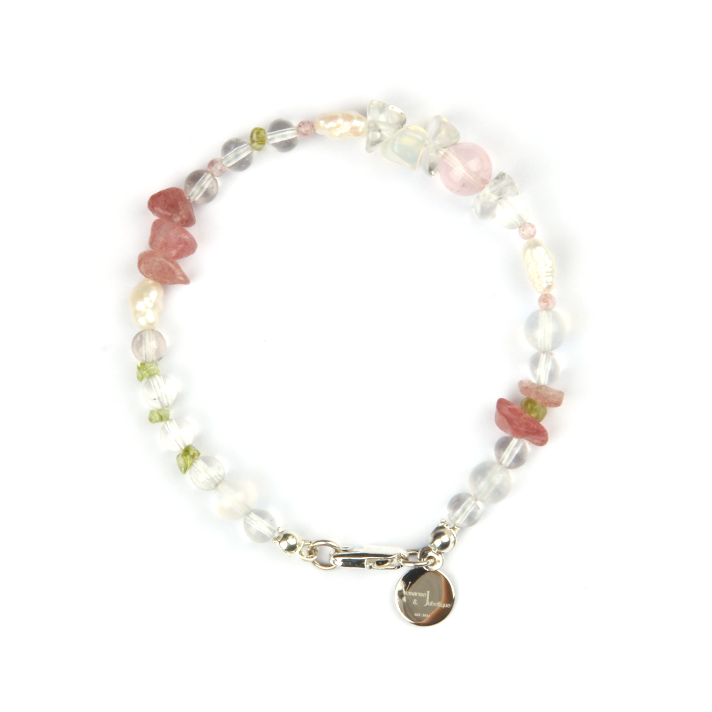 Elegant bracelet with clear quartz, blue moonstone, strawberry rose quartz, peridot, freshwater pearl, starlight rose quartz, and opal
