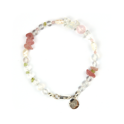 Elegant bracelet with clear quartz, blue moonstone, strawberry rose quartz, peridot, freshwater pearl, starlight rose quartz, and opal