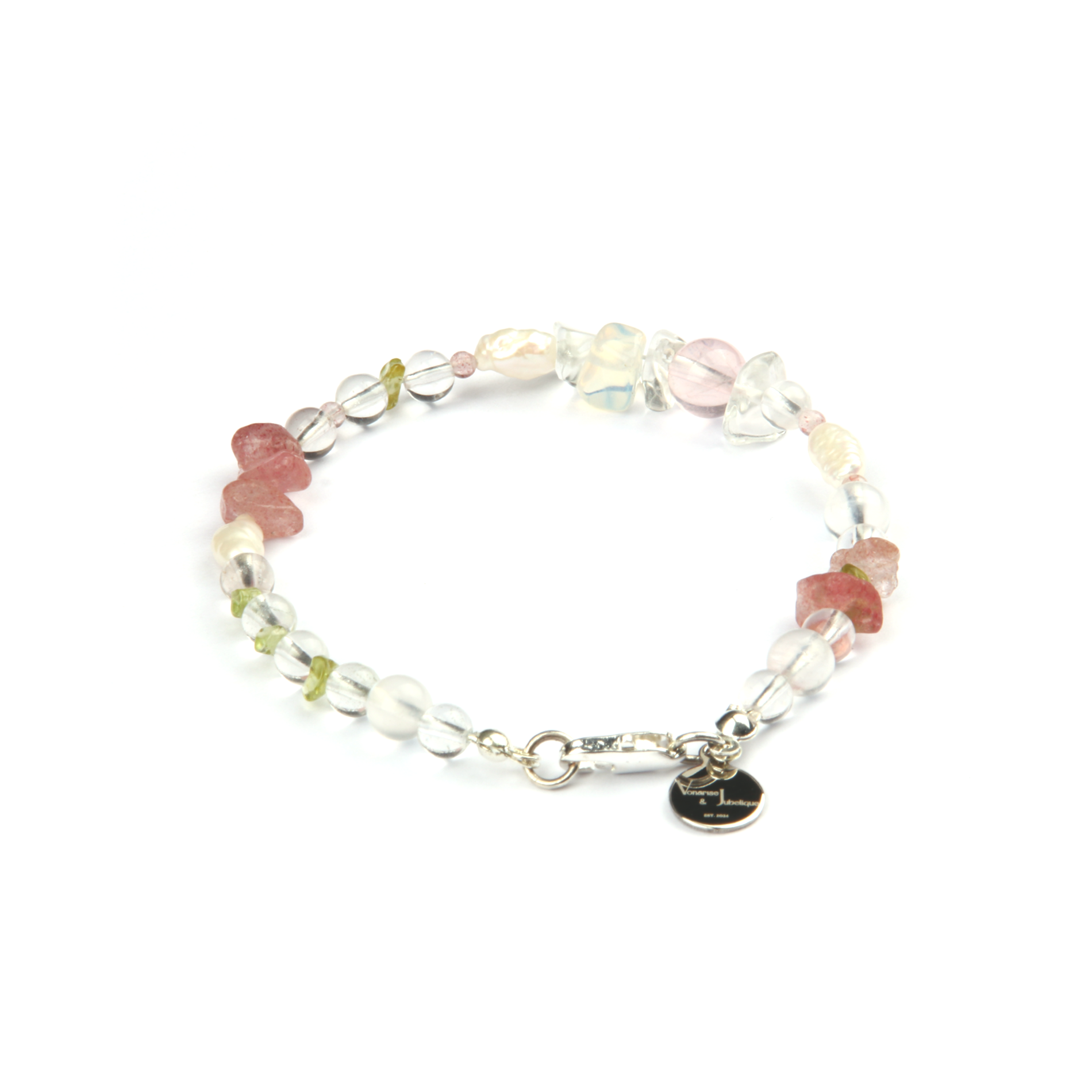 Elegant bracelet with clear quartz, blue moonstone, strawberry rose quartz, peridot, freshwater pearl, starlight rose quartz, and opal