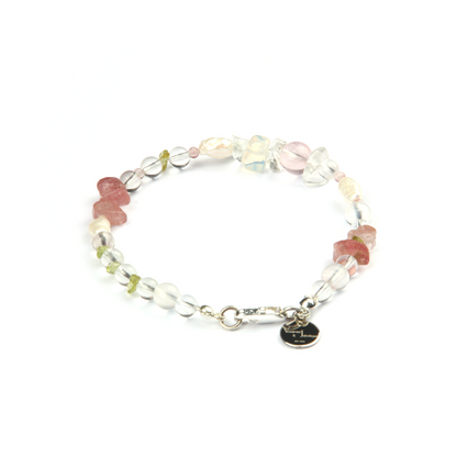 Elegant bracelet with clear quartz, blue moonstone, strawberry rose quartz, peridot, freshwater pearl, starlight rose quartz, and opal