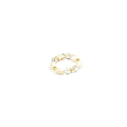 fresh water pearl beaded ring with clear quartz and 18k gold cats eye threaded beads natural minimalist trendy jewelry
