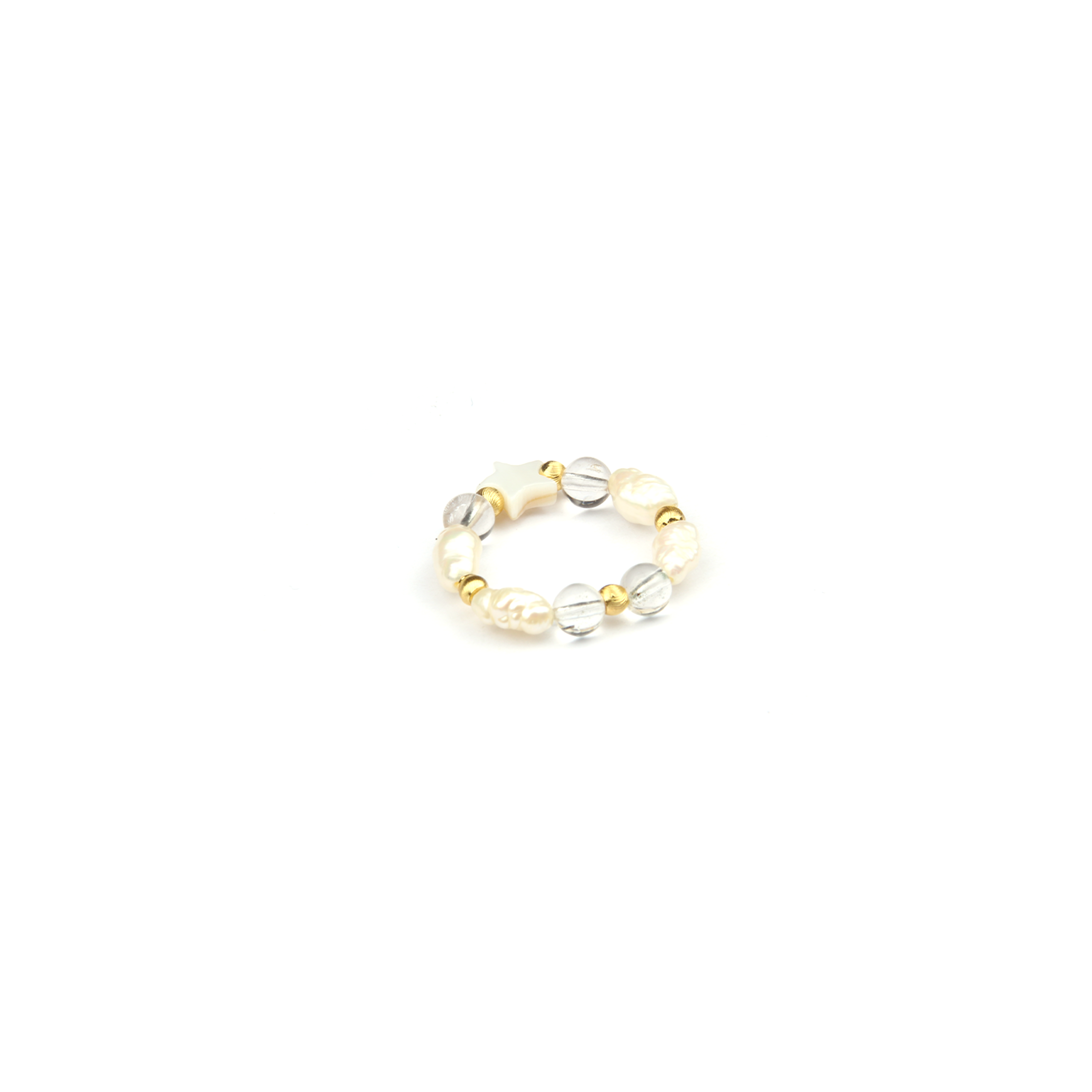 fresh water pearl beaded ring with clear quartz and 18k gold cats eye threaded beads natural minimalist trendy jewelry