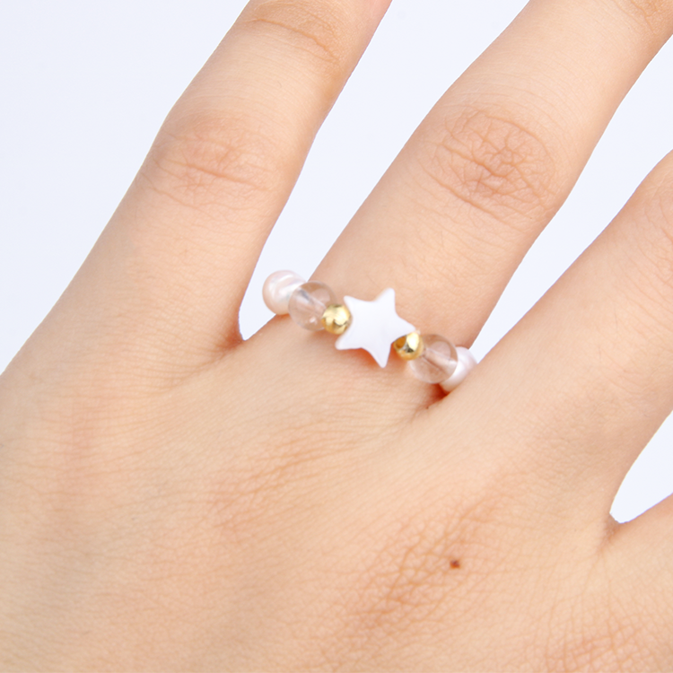 clear quartz with mother of pearl natural crystal beaded ring for energy purify trendy minimalist crystal jewelry