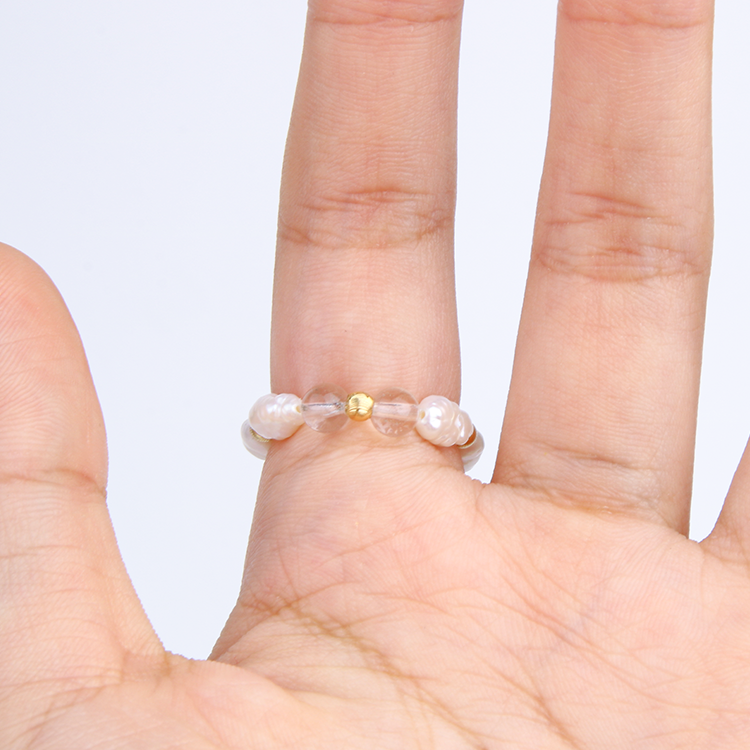minimalist jewelry 18k gold cats eye threaded beads with clear quartz and pearl natural beaded ring