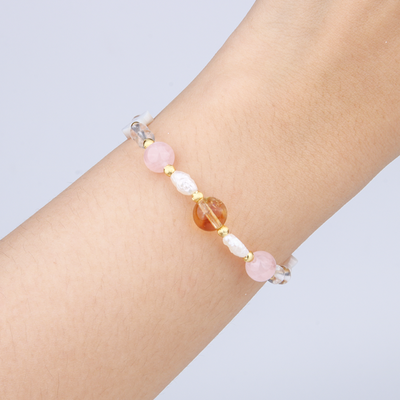 clear quartz with mother of pearl and raw shape fresh water pearl and citrine and rose quartz with 18k gold threaded cats eye beads bracelet for women gift for girl friend