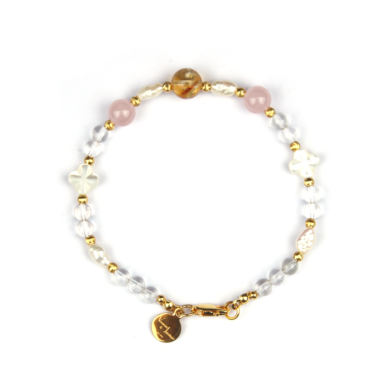 Starlight Rose Quartz & Citrine & Clear Quartz Pearl Lightkeeper 18k Gold Bracelet