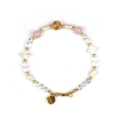 clear quartz with mother of pearl and raw shape fresh water pearl and citrine and rose quartz with 18k gold threaded cats eye beads bracelet for women gift for girl friend