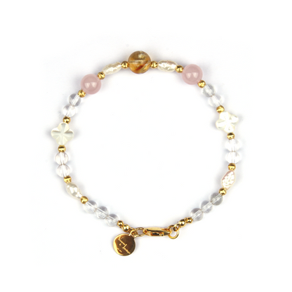clear quartz with mother of pearl and raw shape fresh water pearl and citrine and rose quartz with 18k gold threaded cats eye beads bracelet for women gift for girl friend