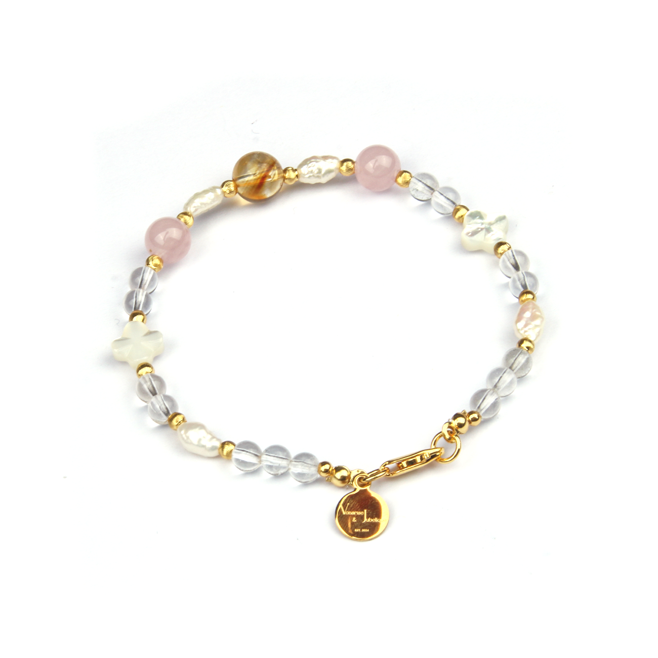 Starlight Rose Quartz & Citrine & Clear Quartz Pearl Lightkeeper 18k Gold Bracelet