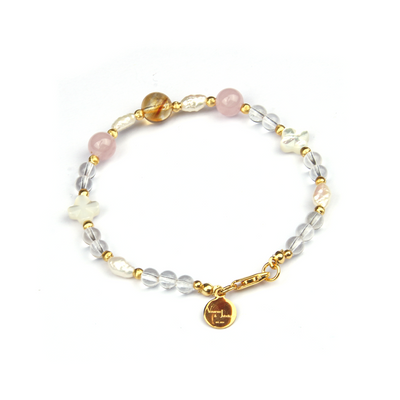 clear quartz with mother of pearl and raw shape fresh water pearl and citrine and rose quartz with 18k gold threaded cats eye beads bracelet for women gift for girl friend