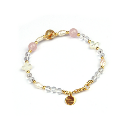 clear quartz with mother of pearl and raw shape fresh water pearl and citrine and rose quartz with 18k gold threaded cats eye beads bracelet for women gift for girl friend