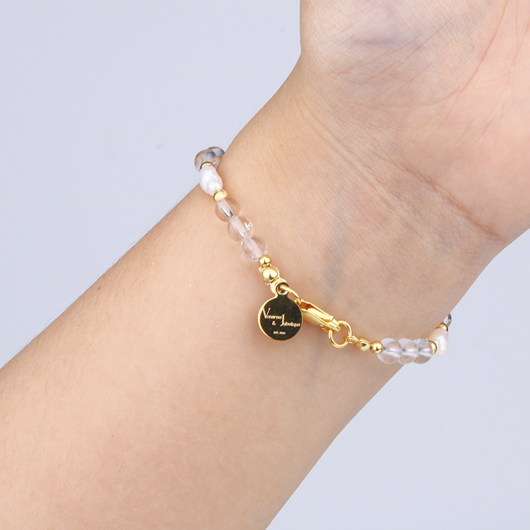 Starlight Rose Quartz & Citrine & Clear Quartz Pearl Lightkeeper 18k Gold Bracelet