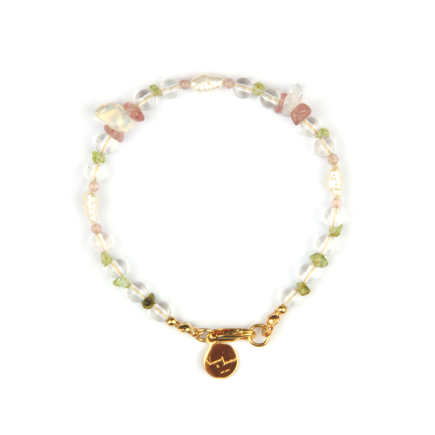 Minimalist bracelet with raw-shaped peridot, strawberry rose quartz, opal, clear quartz, and freshwater pearl