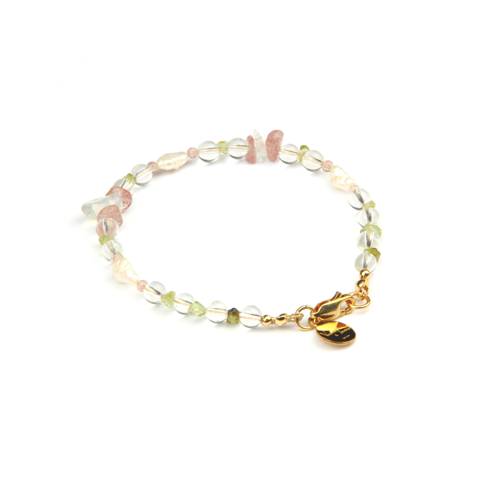 Minimalist bracelet with raw-shaped peridot, strawberry rose quartz, opal, clear quartz, and freshwater pearl