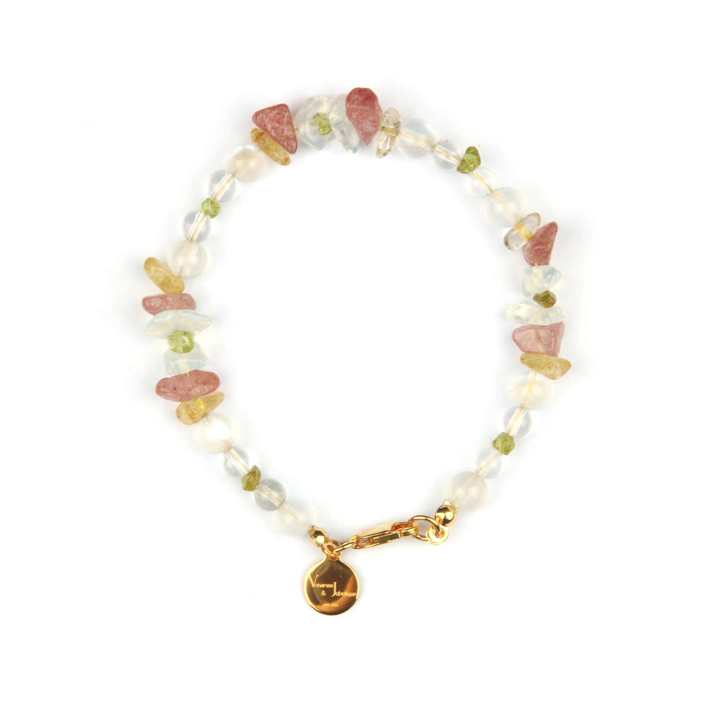 Minimalist bracelet with clear quartz, strawberry rose quartz, raw-shaped peridot, opal, citrine, and clear quartz beads