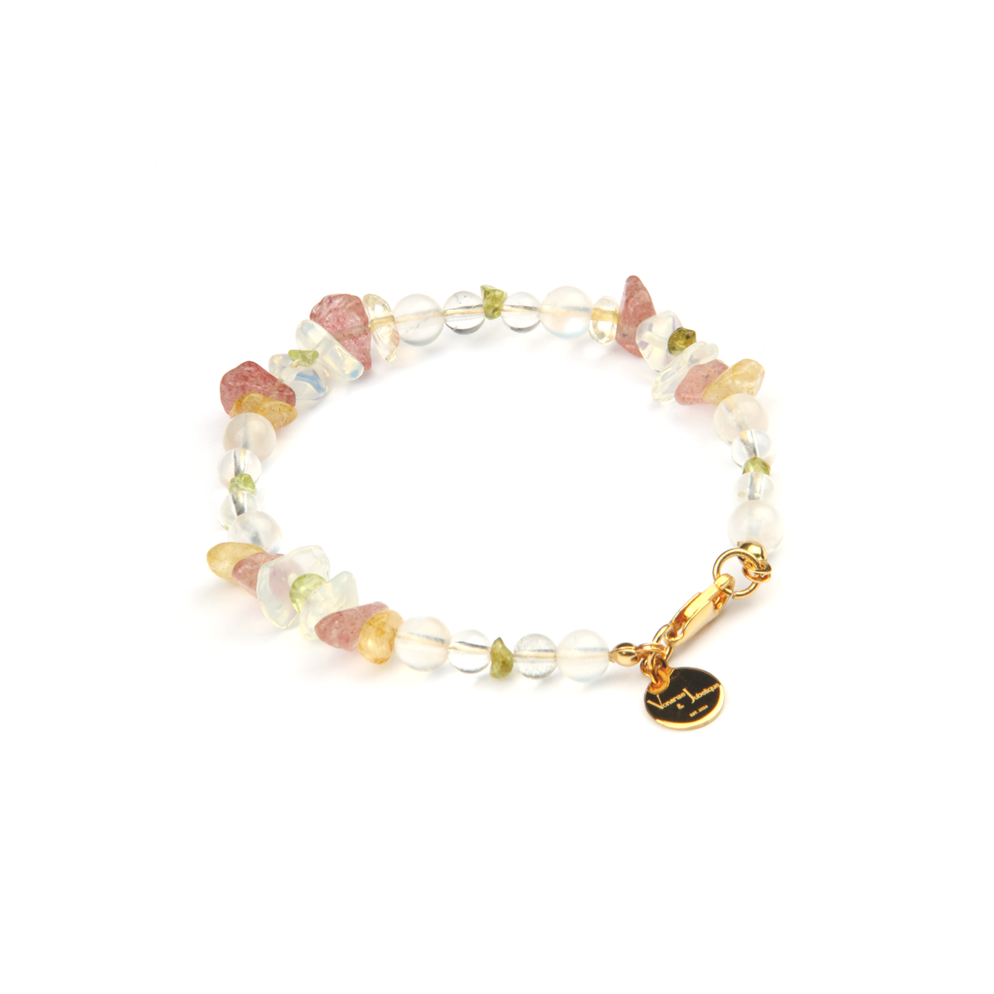 Minimalist bracelet with clear quartz, strawberry rose quartz, raw-shaped peridot, opal, citrine, and clear quartz beads