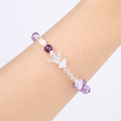 Elegant bracelet with freshwater pearls, 925 silver threaded cat’s eye beads, raw-shaped silver beads, opal, amethyst, and clear quartz